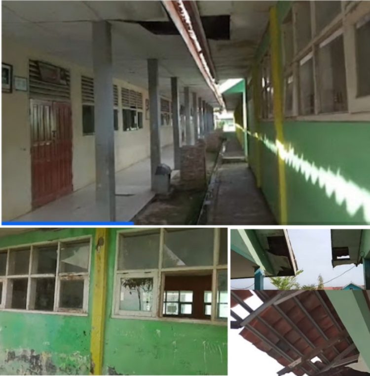 Penampakan gedung sekolah yang mengalami kerusakan plafon dan kaca jendela yang jebol di berbagai sudut gedung