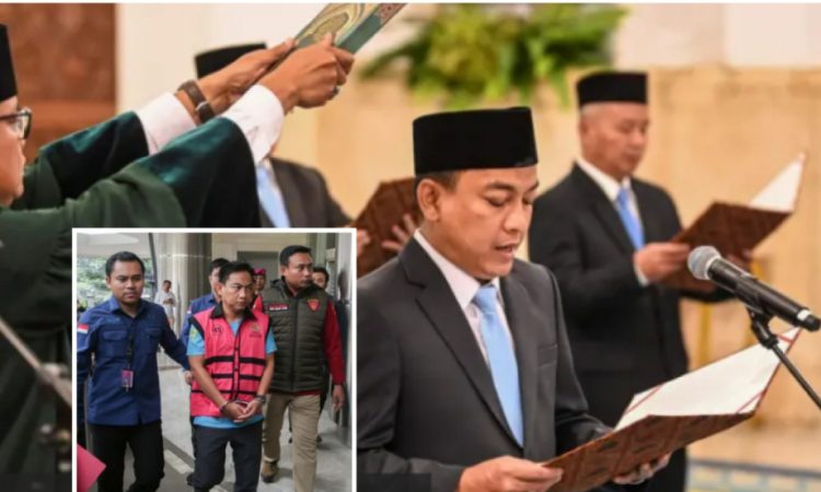 Ketua merangkap Anggota Ombudsman Hery Susanto (tengah) mengucapkan sumpah jabatan saat pelantikan Hakim Mahkamah Konstitusi dan Keanggotaan Ombudsman serta Duta Besar Luar Biasa dan Berkuasa Penuh (LBBP) untuk Kesultanan Oman merangkap Republik Yaman di Istana Negara, Jakarta, Jumat (10/4/2026). Insert: jadi tahanan kejaksaan agung ri